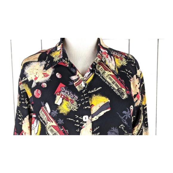 Loco Wido black sheer California beach summer vacation retro print blouse medium - Picture 6 of 9